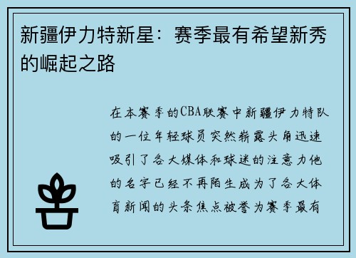 新疆伊力特新星：赛季最有希望新秀的崛起之路