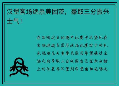 汉堡客场绝杀美因茨，豪取三分振兴士气！