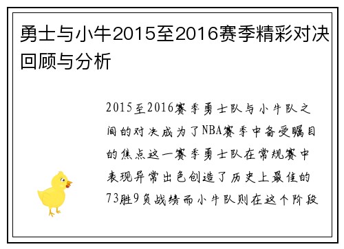 勇士与小牛2015至2016赛季精彩对决回顾与分析